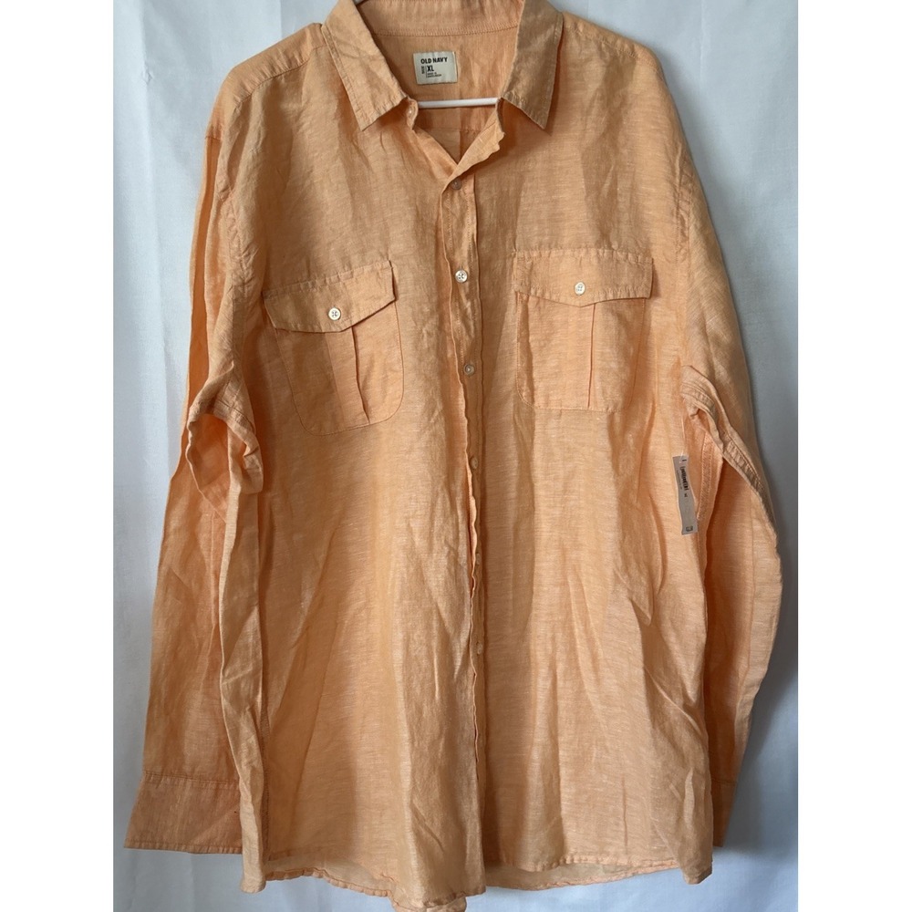 NWT Old Navy Mens 2 Pocket Button Down Shirt Long Sleeve Tangerine Size XL Linen